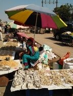 Women selling dry fish at a market in Palghar, Maharashtra, India.