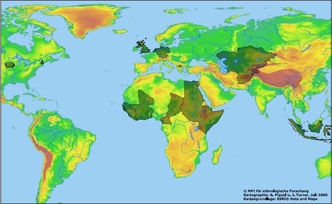 Forschungsregionen von Abteilung Schlee, "Integration und Konflikt". Die schattierten Bereiche in Nordamerika stellen die amerikanischen Standorte von vergleichenden/transnationalen Forschungsprojekten dar.