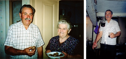 István Gulyás demonstrating the quality of his potatoes (left, with wife) and (right) his red wine in his cellar. After pushing hard in the early 1990s to regain his previous ownership rights, he has since been obliged by increasing age to dispose of most of his land.