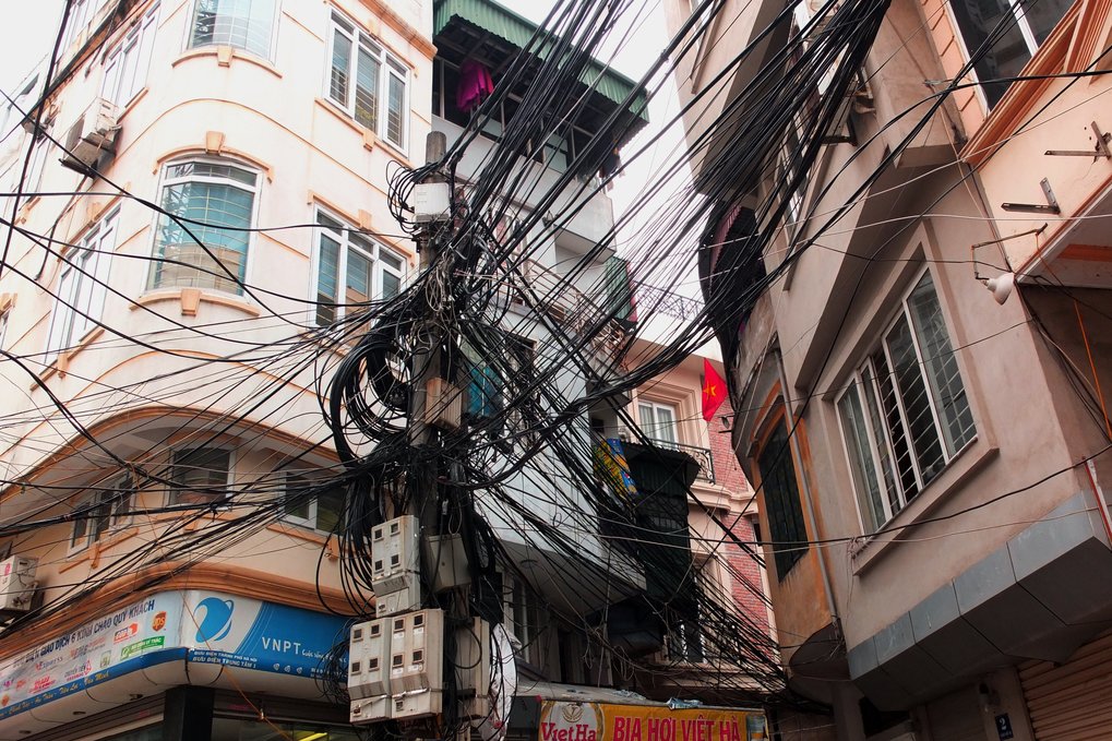 Entangled electric cables in Hanoi, Vietnam.