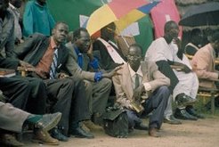 Nuer youth quires celebrating Christmas in the Refugee camp Pinyudo, December 2001.