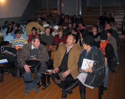 A public hearing to discuss two planned large-scale mining operations in the Tozhu District, NE Tyva. Opponents of the project have been trying to use federal- and republican-level laws to prevent the projects, or at least to guarantee that they have some degree of control over them by exercising their right to establish a local environmental NGO. (Photo: B. Donahoe, October 2007.)