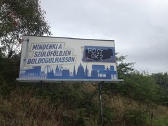 A vandalized poster of the Jobbik party in Budapest: "Everyone should be able to prosper in his/her homeland".