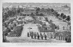 Emperor Qianlong accepts homage from representatives of the subdued Oirats, Kyrgyz, Tanguts, Torghut, and Muslims from Little Bukhara, 1760. (Copyright: bpk/Kunstbibliothek, Staatliche Museen zu Berlin).