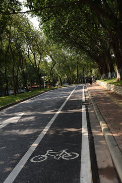 Figure 4. different section of the same road in Figure 3, 2019. Cycle lane shared the space with cars, while the sidewalk was covered with red tiles.