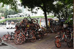 Figure 8: broken shared bikes abandoned on the sidewalk next to a busy street, 2019.