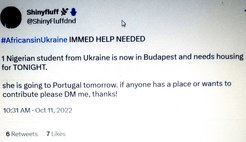 Tweet seeking for housing for a displaced African migrant.