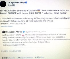 Tweet sharing emergency contact to stranded Africans in Ukraine.
